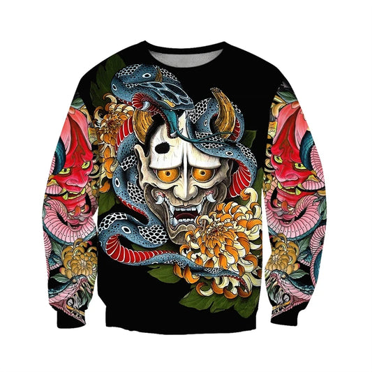 I.L.F.A.: Japanese Mythology Mask Printed Sweatshirt Men's Clothes Harajuku Street Pullover Top 3D Printed Mysterious Culture Sweatshirts