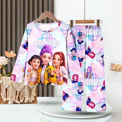 KPop Demon Hunter: New Spring Pijamas Long Sleeve Print Cartoon Hunter Pajamas Set Kids Boys Girls Sleepwear Nightwear Homewear Clothes Set