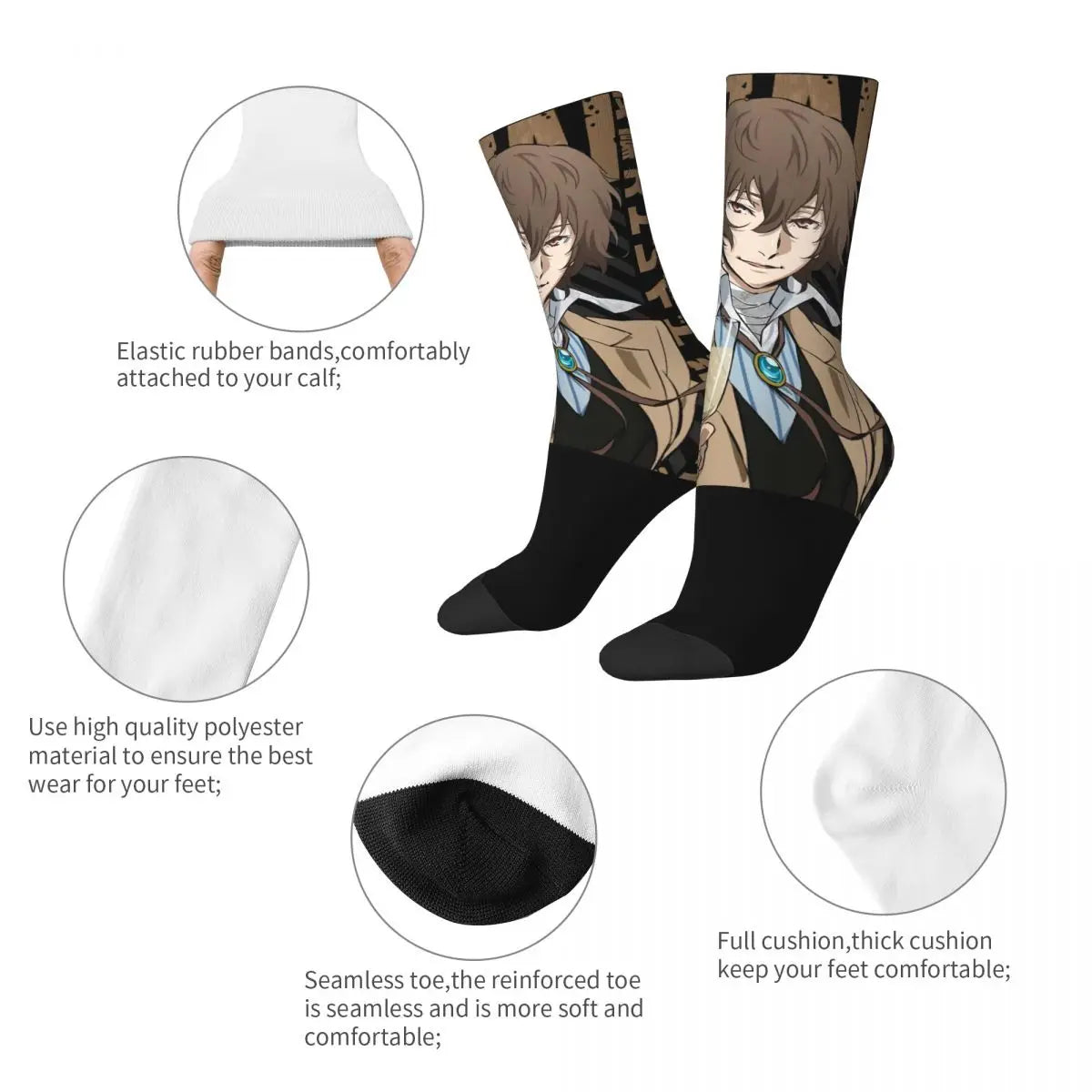 Bungo Stray Dogs: Printed Crew Sock - - Retro Osamu Dazai Crazy Men's compression Socks Unisex Wan Anime Harajuku Pattern