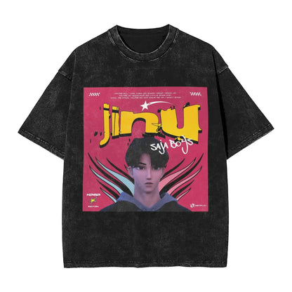 K-Pop Demon Hunters Washed T-Shirt Man Derpy Tiger Casual T-Shirts Summer Breathable Trendy Tee Shirt Design Plus Size Clothes