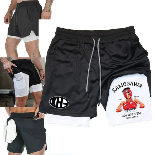 Hajime no Ippo: Compression Shorts  2 in 1 Performance Gym Shorts Pockets Quick Dry Running Workout Summer Sportwear