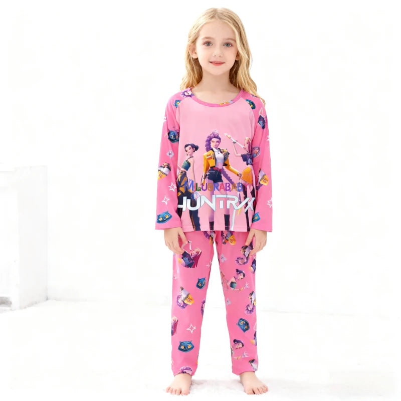 KPop Demon Hunter: New Spring Pijamas Long Sleeve Print Cartoon Hunter Pajamas Set Kids Boys Girls Sleepwear Nightwear Homewear Clothes Set