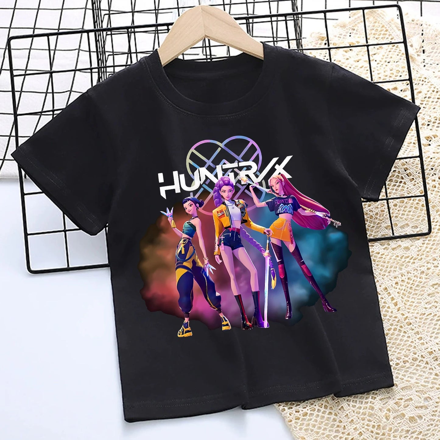 KPop Demon Hunters: T-shirt for Children Cartoon Black Tee Top Girls Round Collar Short Sleeve Clothes Kids Summer Clothing Gift