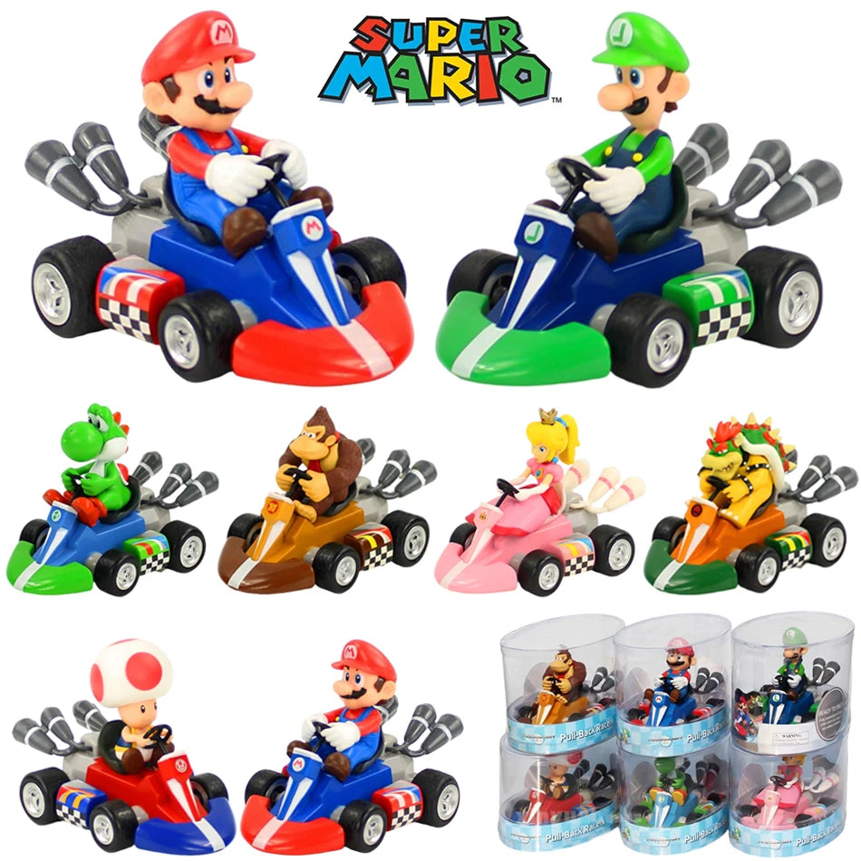 Super Mario Pull Back Car Green Yoshi Donkey Kong Bowser Luigi Toad Princess Peach figura de acción juguetes Anime Game Doll