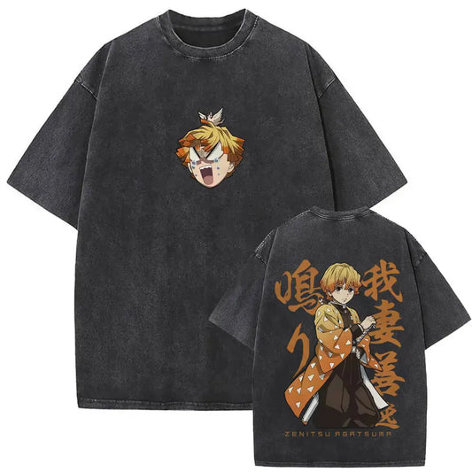 Demon Slayer: Washed Vintage Anime Akaza Graphic T-shirts Men Women Clothing Cotton Oversized Short Sleeve T Shirts Streetwear