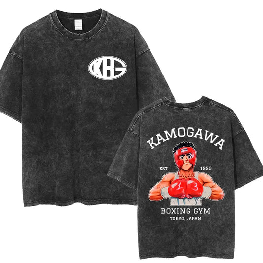 Anime Ippo Makunouchi Manga Graphic Print T-shirt Retro Washed Cotton Oversized Men Women Summer Harajuku Fashion Casual New Tee