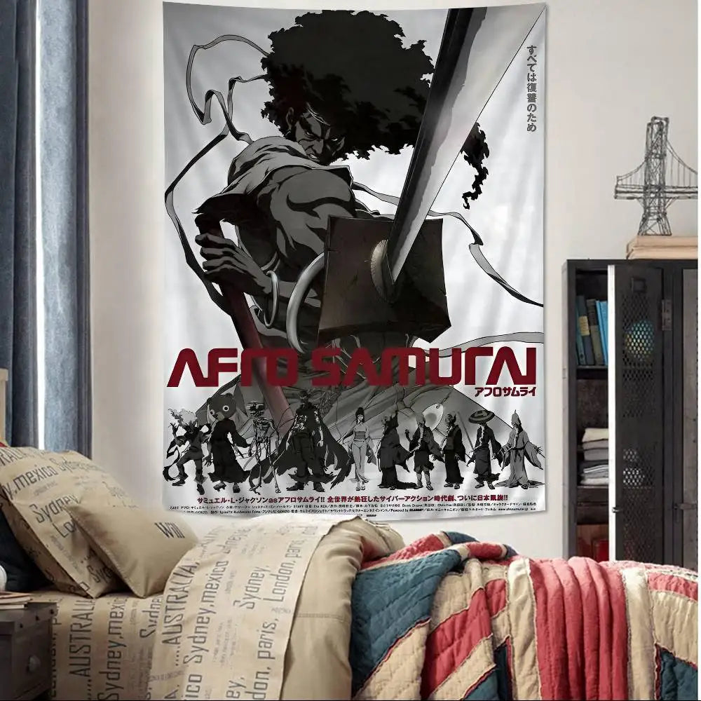 Afro Samurai:  Anime Tapestry Hippie Flower Wall Carpets Dorm Decor Cheap Hippie Wall Hanging