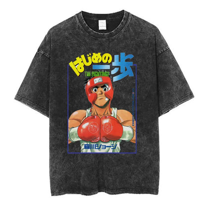 Anime Ippo Makunouchi Manga Graphic Print T-shirt Retro Washed Cotton Oversized Men Women Summer Harajuku Fashion Casual New Tee