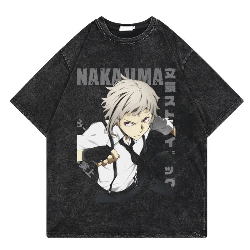 Bungo Stray Dogs: Vintage Washed Tshirt Loose Y2k Streetwear Print Casual 100% Cotton Harajuku Cool Tops Tees For Men Women