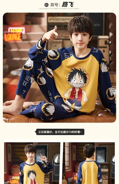 One Piece: Luffy Cute Cartoon Kids Pajamas Suit 3-14 Y Boys Autumn Thin Long Sleeves Home Clothes Sleepwear Set Kids Gift