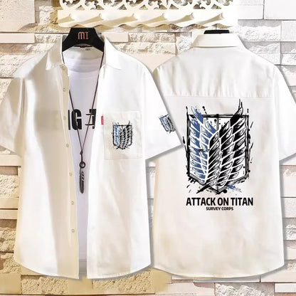 Attack on Titan: Casual Short Sleeve Shirt Loose Unisex Button Print Pattern Top