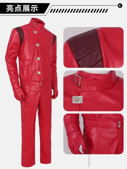 Akira: Shotaro Kaneda Men Cosplay Costume Capsule Embroidered Red Leather Biker Jacket Halloween Party Full Set Outfit