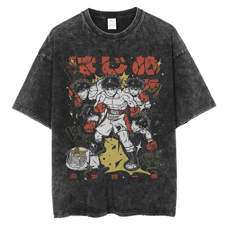 Anime Ippo Makunouchi Manga Graphic Print T-shirt Retro Washed Cotton Oversized Men Women Summer Harajuku Fashion Casual New Tee