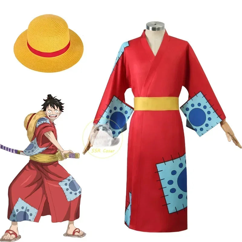 One Piece: Anime Luffy Cosplay Costume, Wano Country Monkey Cosplay Kimono pour hommes adultes chapeau cardigan rouge, olympiques Halloween
