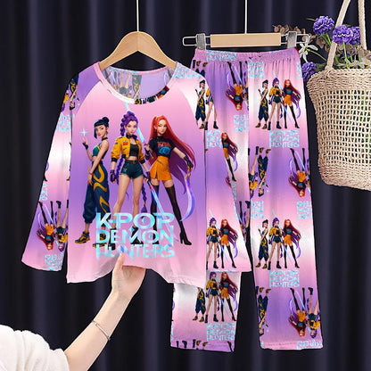 KPop Demon Hunter: New Spring Pijamas Long Sleeve Print Cartoon Hunter Pajamas Set Kids Boys Girls Sleepwear Nightwear Homewear Clothes Set