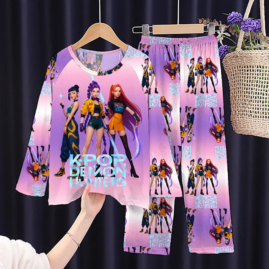 KPop Demon Hunter: New Spring Pijamas Long Sleeve Print Cartoon Hunter Pajamas Set Kids Boys Girls Sleepwear Nightwear Homewear Clothes Set