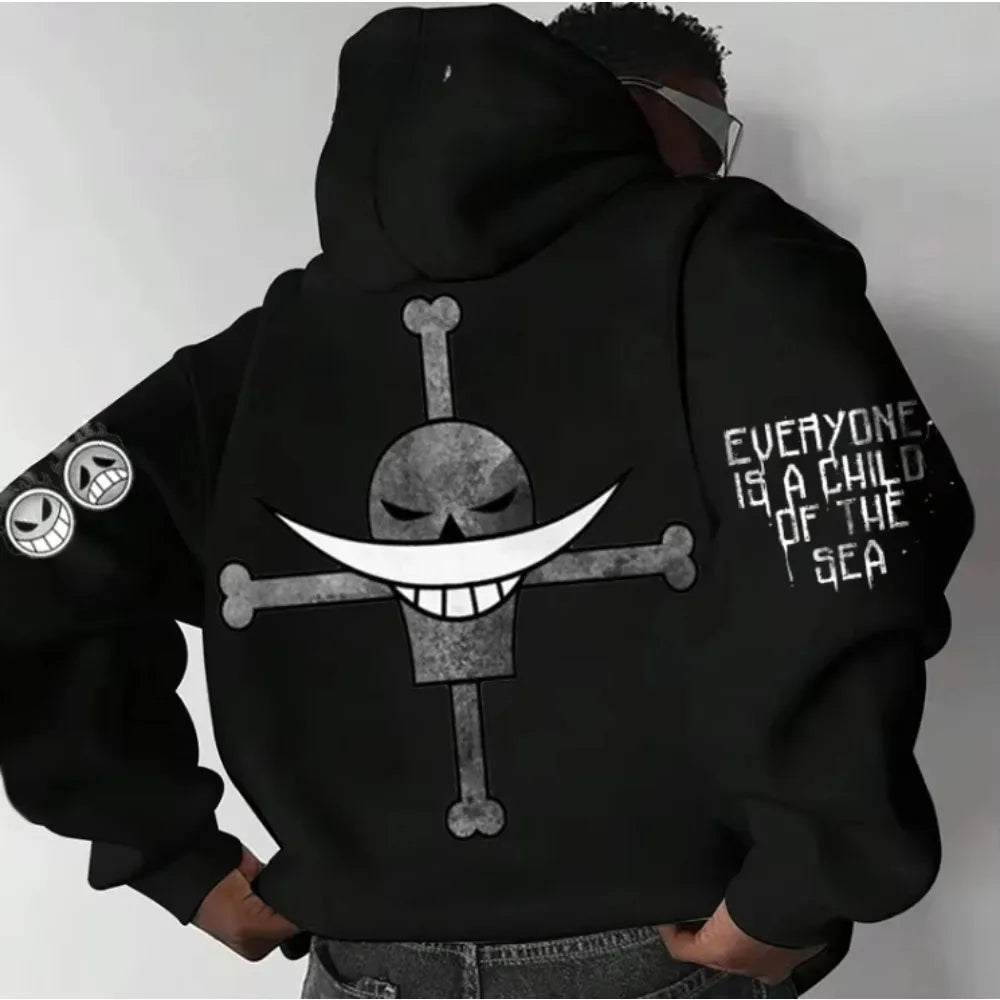 One Piece: White Beard Print Hoodie Autumn Cotton Men's and Women's Casual Loose Japanese Harajuku Parent-child Jumper Top