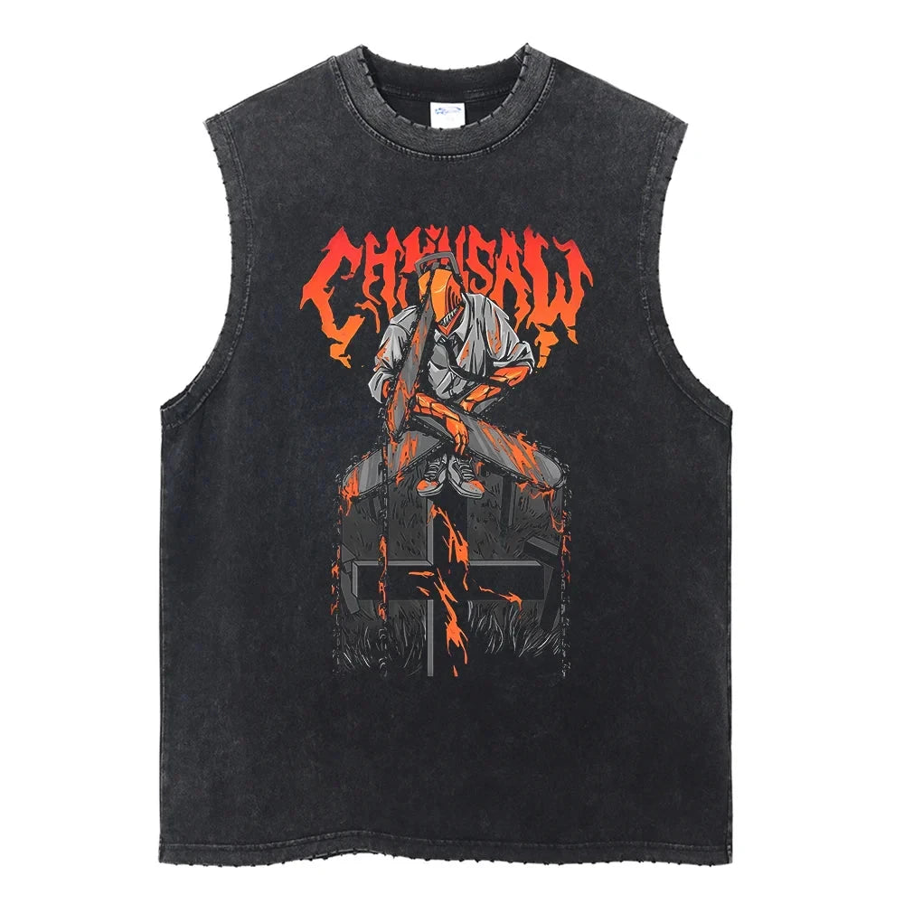 Chainsaw Man: Distressed Tank Top Reze Bomb Devil Hybrid Print Men Women Cotton Loose Fit Comfort Gym Streetwear Unisex