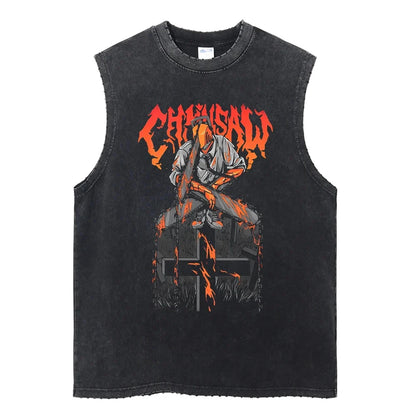 Chainsaw Man: Distressed Tank Top Reze Bomb Devil Hybrid Print Men Women Cotton Loose Fit Comfort Gym Streetwear Unisex