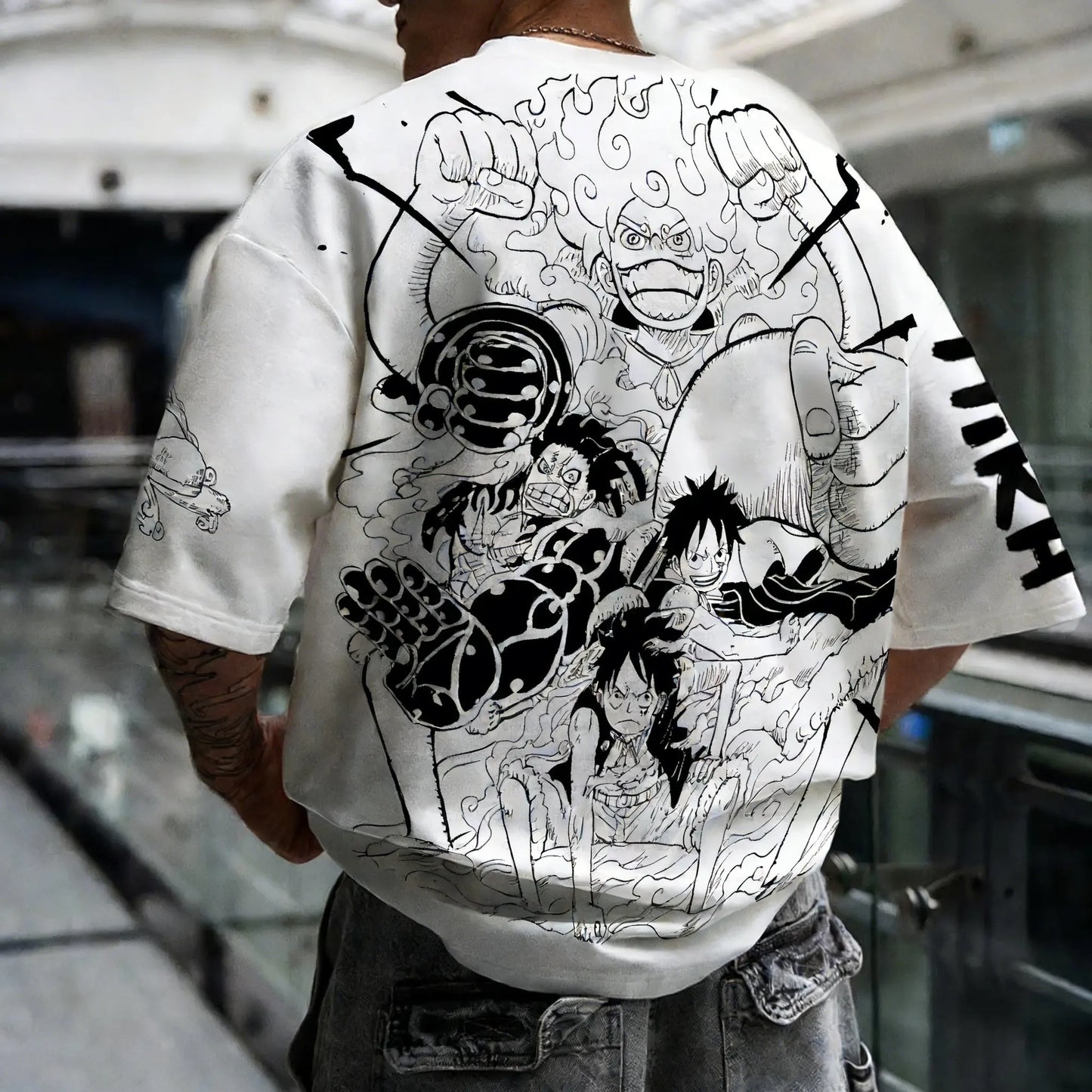 One Piece: Anime Printed Luffy Surrounding Round Neck Short Sleeve 2026 Spring/Summer Men's Loose Breathable Cotton T-shirt