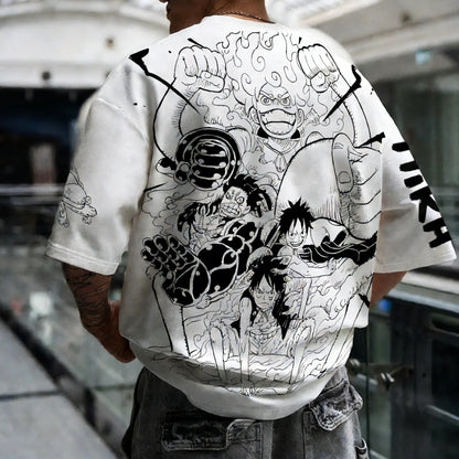 One Piece: Anime Printed Luffy Surrounding Round Neck Short Sleeve 2026 Spring/Summer Men's Loose Breathable Cotton T-shirt