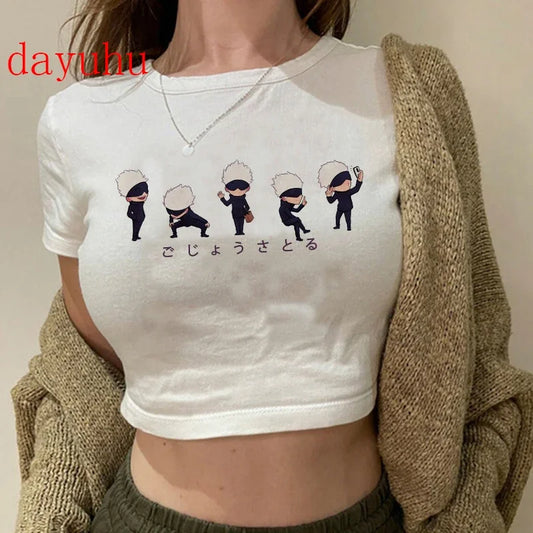 Jujutsu Kaisen: T Shirt Gojo Satoru Tops Yuji Itadori Cropped Tees T-shirt