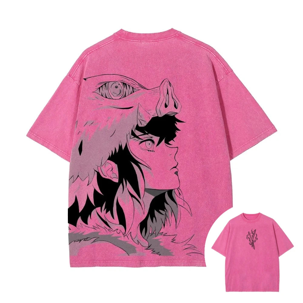 Demon Slayer: Men's Women's Washed T-Shirt Inosuke Hashibira Summer Spring Anime Tee Retro Distressed High Quality Short Sleeve