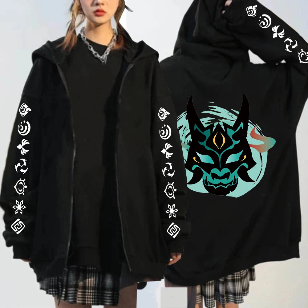 Genshin Impact: Xiao Mask Fangs Anime Print Zipper Hoodies Men Women Harajuku Fashion Long Sleeve Plus Size Zipper Jacket Coat