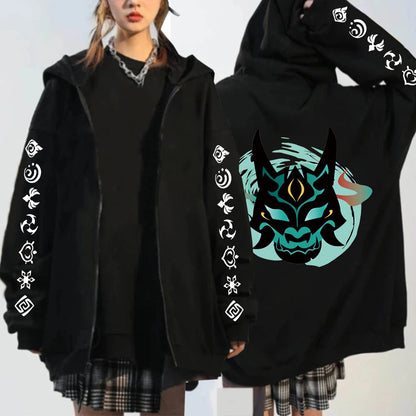 Genshin Impact: Xiao Mask Fangs Anime Print Zipper Hoodies Men Women Harajuku Fashion Long Sleeve Plus Size Zipper Jacket Coat
