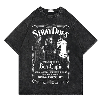 Bungo Stray Dogs: Vintage Washed Tshirt Loose Y2k Streetwear Print Casual 100% Cotton Harajuku Cool Tops Tees For Men Women