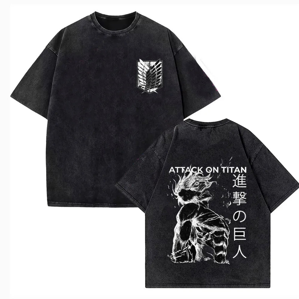 Attack on Titan: Vintage Washed Print T-shirt Mikasa Ackerman Eren Jaeger Wings of Freedom Mens High Quality Cotton T-shirts