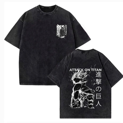 Attack on Titan: Vintage Washed Print T-shirt Mikasa Ackerman Eren Jaeger Wings of Freedom Mens High Quality Cotton T-shirts