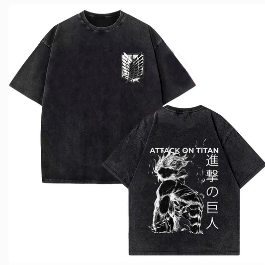 Attack on Titan: Vintage Washed Print T-shirt Mikasa Ackerman Eren Jaeger Wings of Freedom Mens High Quality Cotton T-shirts