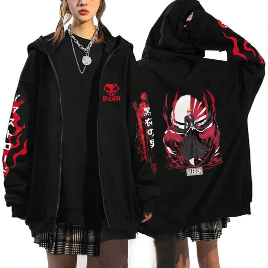 Bleach: Kurosaki Ichigo Printed Hooded Men Women Zip Up Hoodies Casual Loose Sweatshirt Harajuku Unisex Zipper Jacket