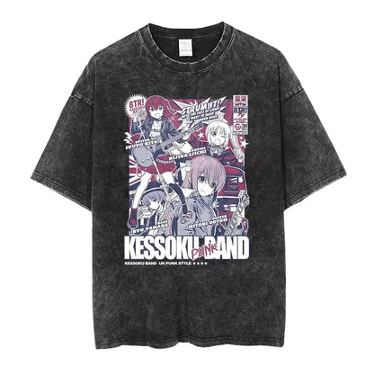 Bocchi The Rock: Manga Ryo Top Print Vintage T-Shirt Casual Basis O-Collar Black Shirt Short Sleeve Washed T-Shirt