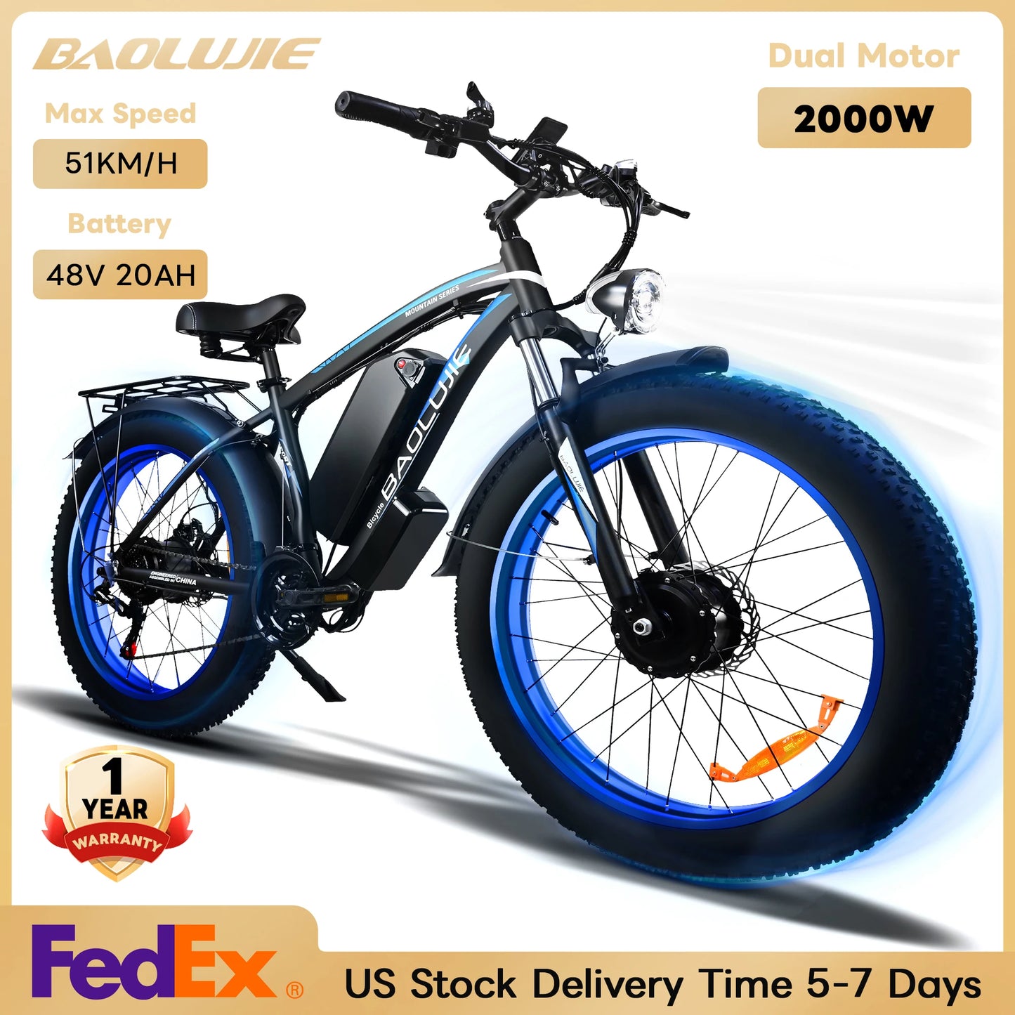 Yowamushi Pedal: Baolujie 2000W Electric Bike with 20AhRemovable Battery 26"×4"Fat Tire Ebike for Adults 35MPH 80MilesElectric Bicycles