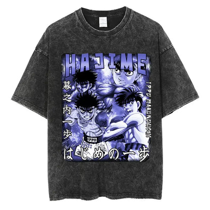 Anime Ippo Makunouchi Manga Graphic Print T-shirt Retro Washed Cotton Oversized Men Women Summer Harajuku Fashion Casual New Tee