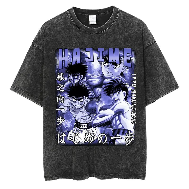 Anime Ippo Makunouchi Manga Graphic Print T-shirt Retro Washed Cotton Oversized Men Women Summer Harajuku Fashion Casual New Tee