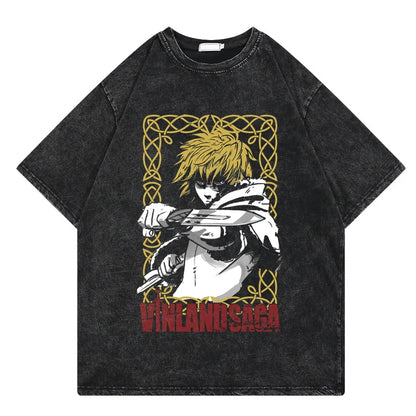 Vinland Saga: Vintage Washed Tshirt Graphic Print Hip Hop Streetwear Loose Y2k Summer Short Sleeve Harajuku 100% Cotton Top