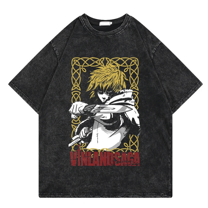 Vinland Saga: Vintage Washed Tshirt Graphic Print Hip Hop Streetwear Loose Y2k Summer Short Sleeve Harajuku 100% Cotton Top