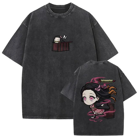 Demon Slayer: Washed Vintage Anime Akaza Graphic T-shirts Men Women Clothing Cotton Oversized Short Sleeve T Shirts Streetwear
