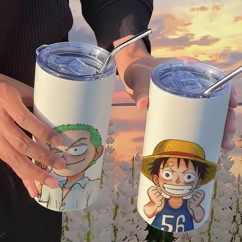 One Piece: Luffy Roronoa Zoro Coffee Cups with Straw Kawaii Cartoon Anime Nami Portgas D Ace Portable Stainless Steel Thermos Cup