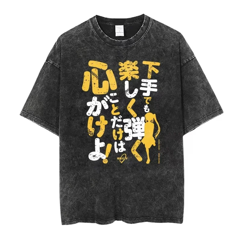 Bocchi The Rock: Manga Ryo Top Print Vintage T-Shirt Casual Basis O-Collar Black Shirt Short Sleeve Washed T-Shirt