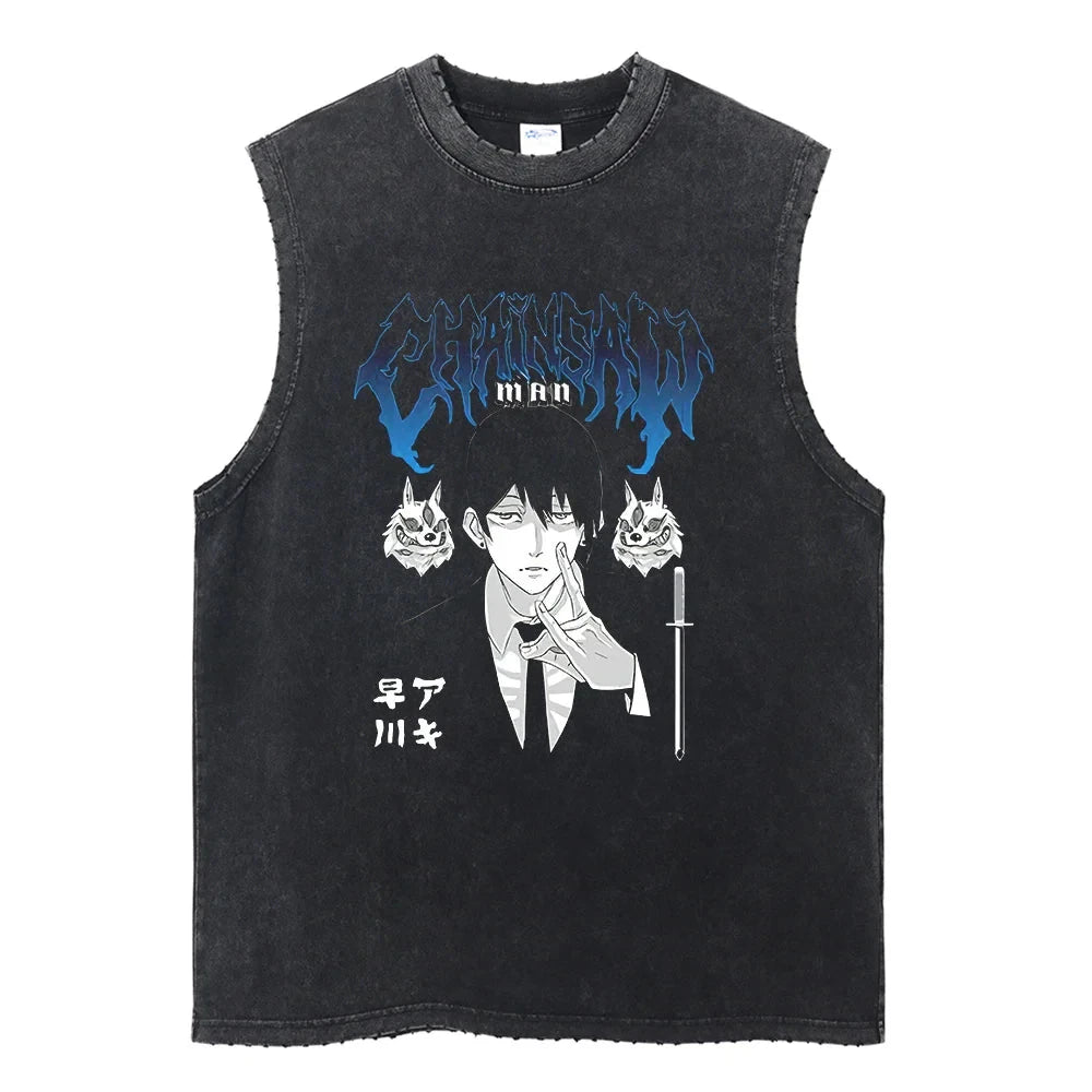 Chainsaw Man: Distressed Tank Top Reze Bomb Devil Hybrid Print Men Women Cotton Loose Fit Comfort Gym Streetwear Unisex