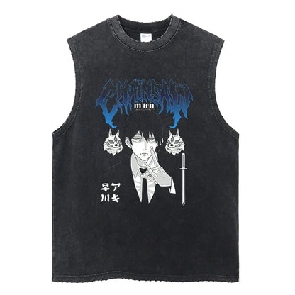 Chainsaw Man: Distressed Tank Top Reze Bomb Devil Hybrid Print Men Women Cotton Loose Fit Comfort Gym Streetwear Unisex
