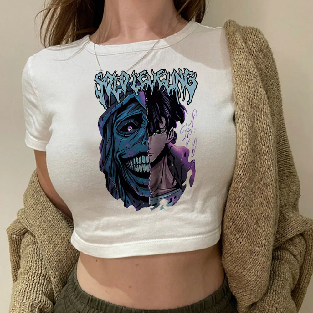 Solo Leveling: Levelling crop top gothic  summer cute Aesthetic 2000s harajuku coquette Streetwear babydoll woman t-shirt