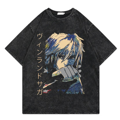 Vinland Saga: Vintage Washed Tshirt Graphic Print Hip Hop Streetwear Loose Y2k Summer Short Sleeve Harajuku 100% Cotton Top
