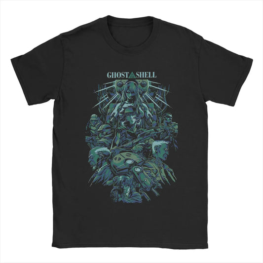Ghost in the Shell: Major & Japanese Text Print T-Shirt Oversized Black Streetwear Cotton Tee Anime Sci-Fi Aesthetic