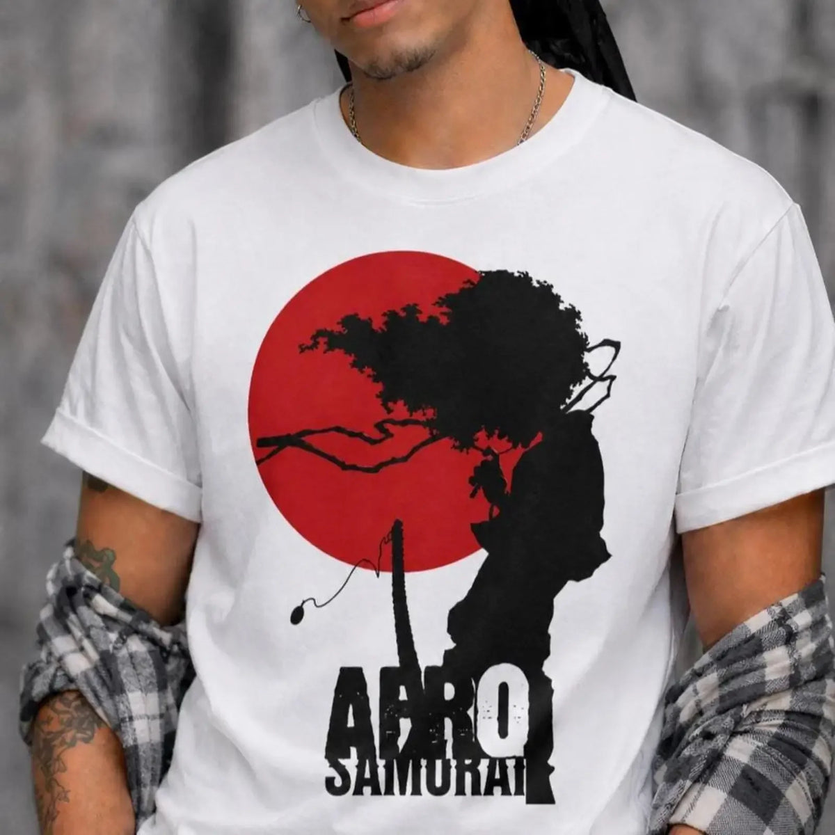 Afro Samurai silhouette tee T Shirt vintage Washed fashion Soft Stretched graphic designer clothes Casual Versatile