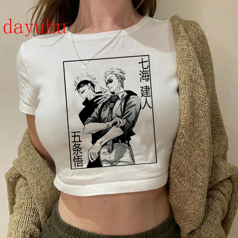 Jujutsu Kaisen: T Shirt Gojo Satoru Tops Yuji Itadori Cropped Tees T-shirt